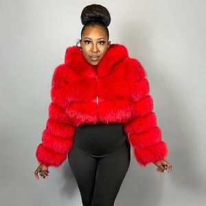 100% Genuine Fox Fur Cropped Jacket w/ Hood